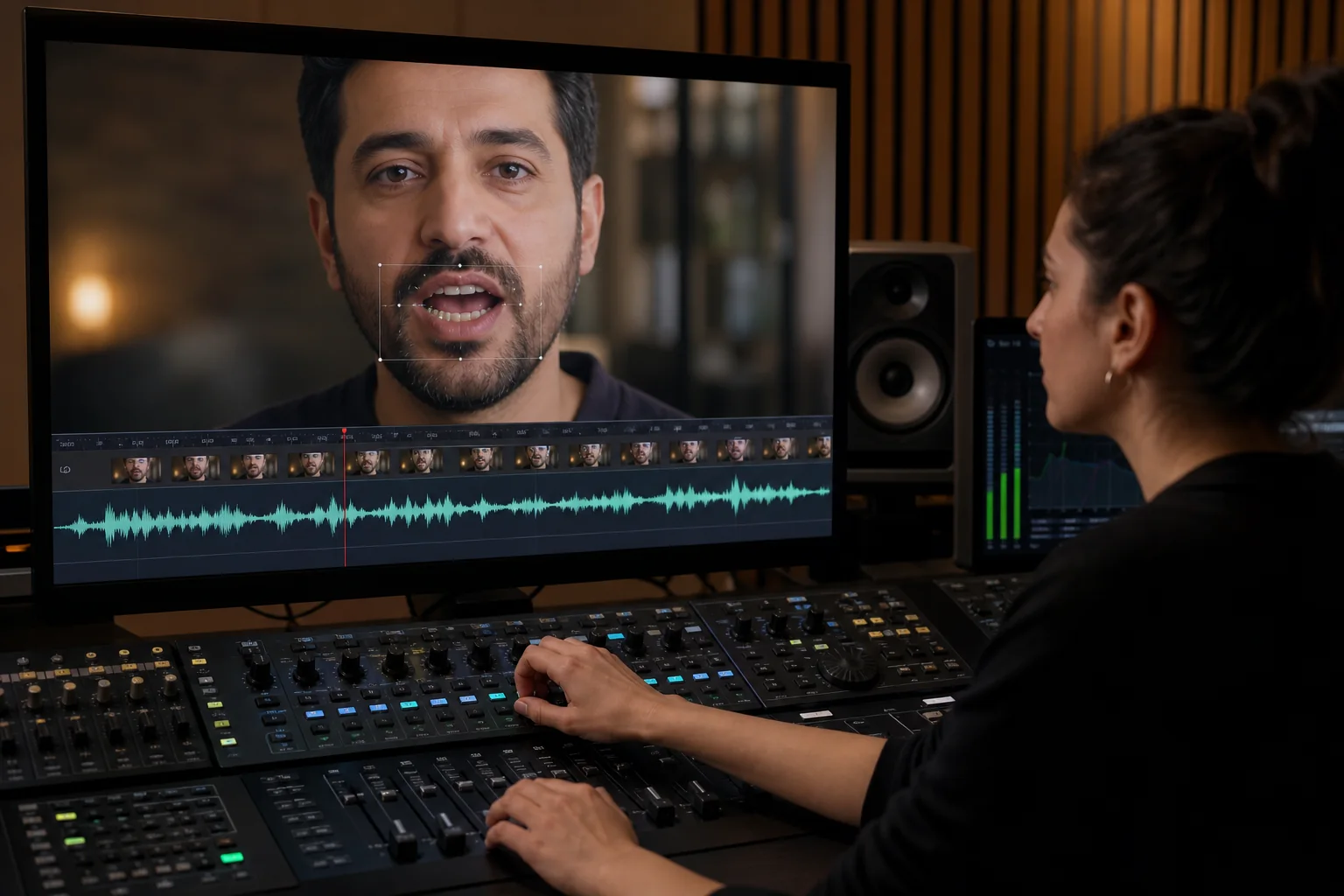 Türkçe reklam videosunda yüz, ağız hareketi ve ses dalgasını kare kare kontrol eden post prodüksiyon uzmanı
