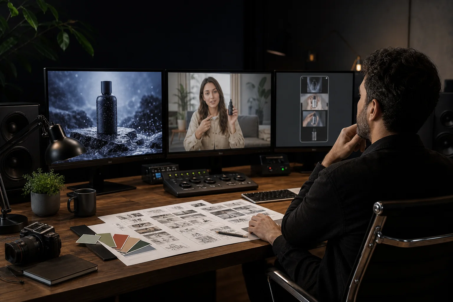 Ürün filmi, creator reklamı ve mobil demo sonuçlarını üç ekranda karşılaştıran yaratıcı yönetmen
