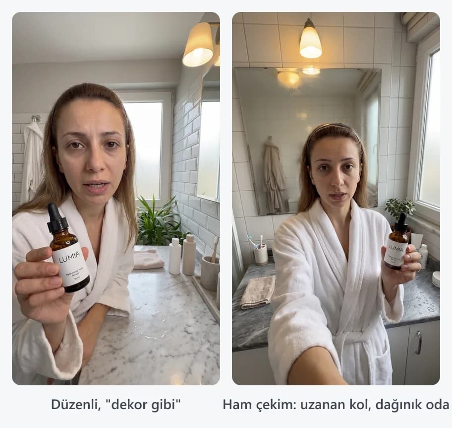 Aynı sahnenin iki versiyonu: solda düzenli reklam karesi, sağda kolunu uzatarak çekilmiş ham telefon karesi