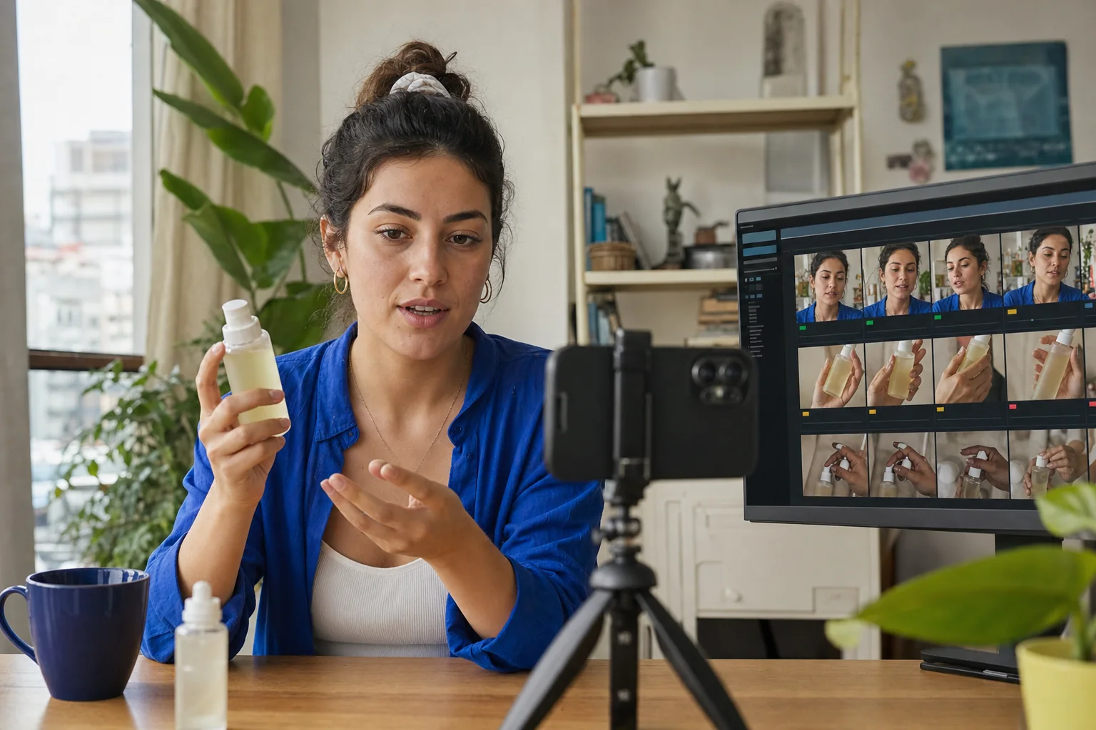 Telefonla ürün videosu çeken creator ve kare tutarlılığını inceleyen kalite kontrol ekranı