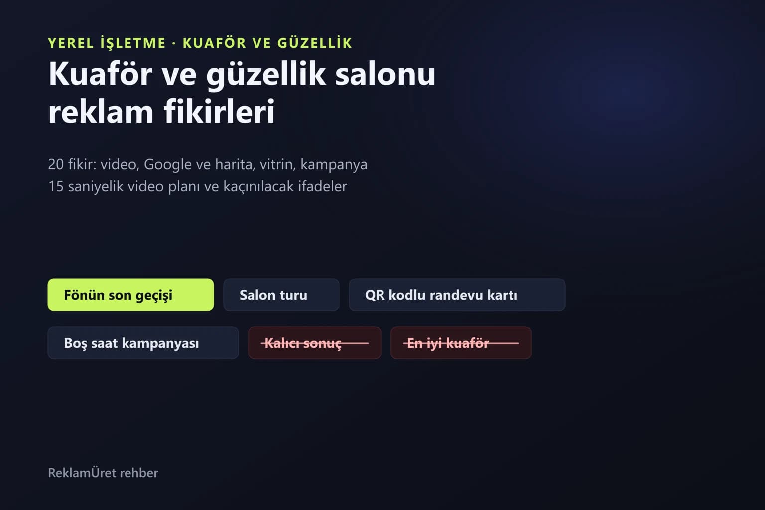Kuaför ve güzellik salonu için 20 reklam fikrini dört başlıkta gösteren şema