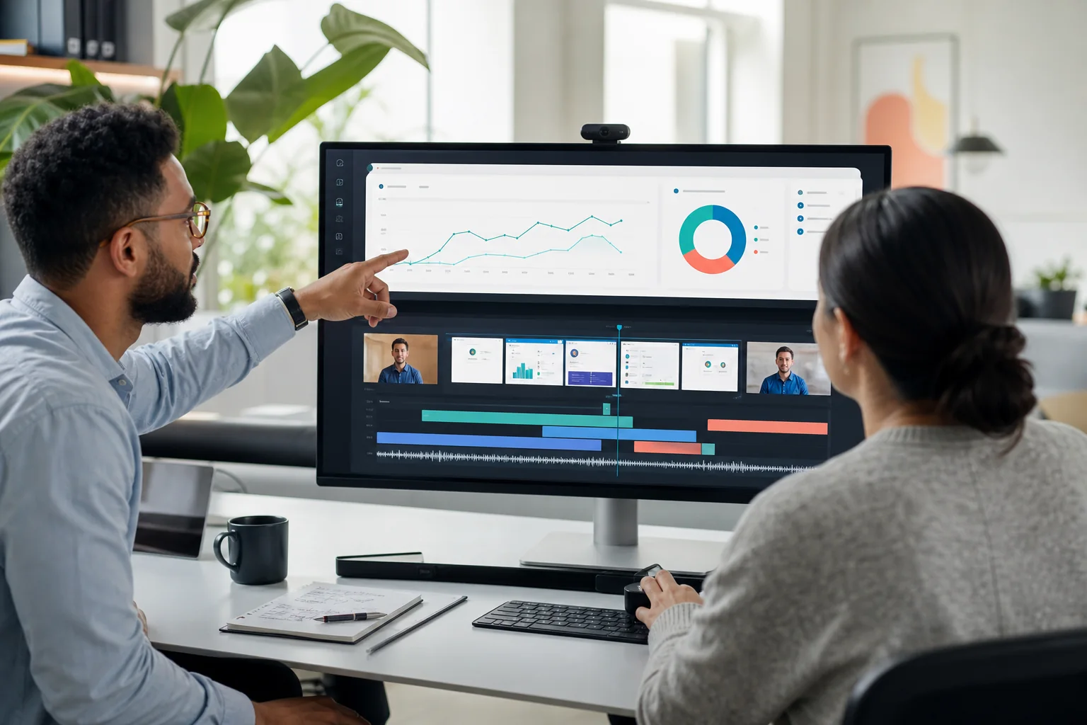 SaaS analiz ekranı ve video zaman çizelgesi üzerinde çalışan iki ürün pazarlamacısı