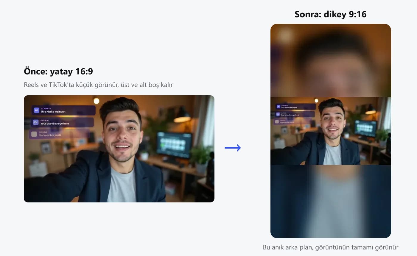 Önce yatay 16:9 video, sonra bulanık arka planlı dikey 9:16 video