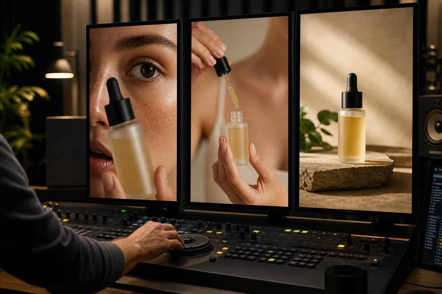 Üç dikey ekranda hook, ürün demosu ve final ürün karesi düzenlenen reklam stüdyosu