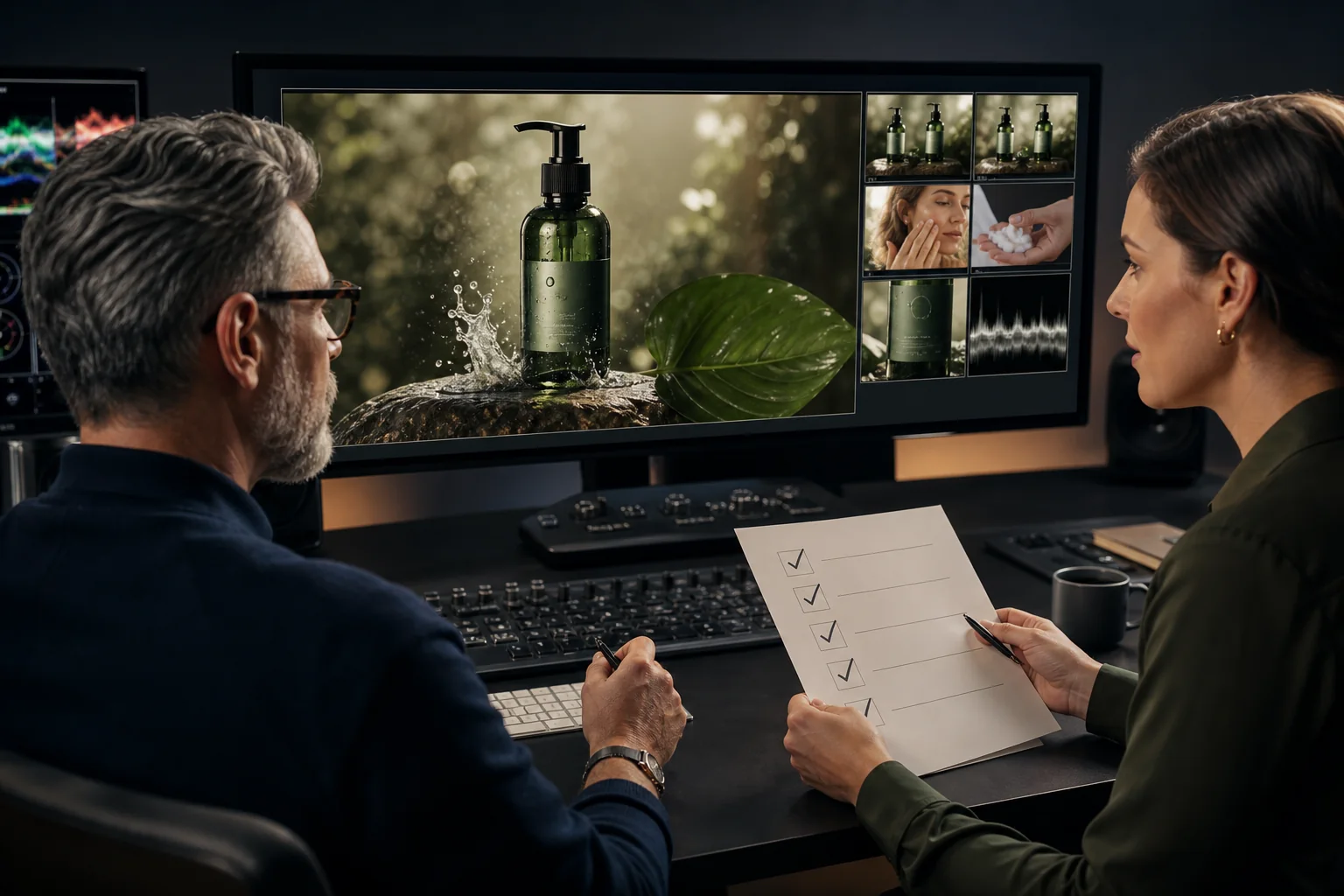 Yapay zeka ürün reklamını referans kareler ve kontrol listesiyle inceleyen kıdemli editörler