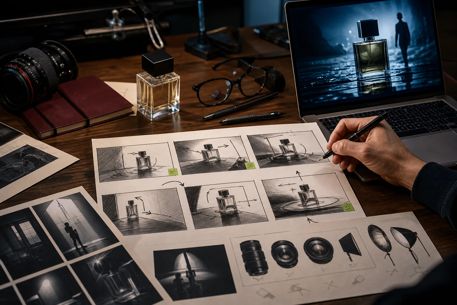 Parfüm reklamı için kamera hareketleri ve ürün sahneleri planlanan profesyonel storyboard masası