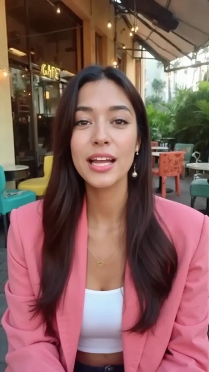 ReklamÜret ile hazırlanmış dikey UGC reklam videosundan bir kare: kafede kameraya konuşan kadın