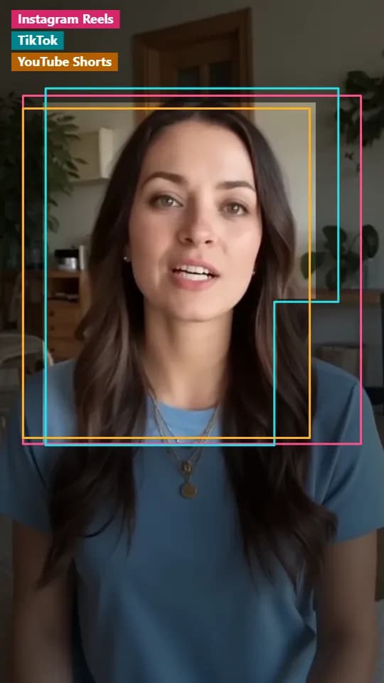 Dikey bir UGC karesinin üstünde Instagram Reels, TikTok ve YouTube Shorts güvenli alan çerçeveleri